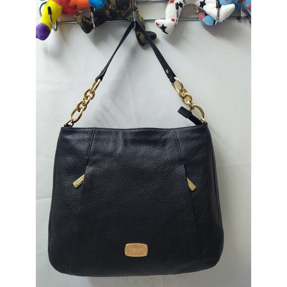 Michael Kors Black Pebbled Leather Zipper Pockets Chain Strap Hobo Shoulder Bag - Picture 1 of 16
